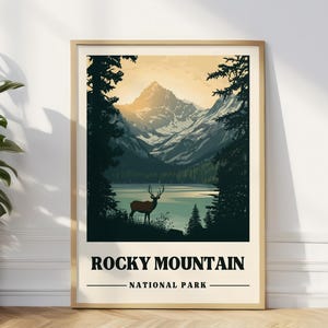 Rocky Mountain Travel Poster Colorado Vintage Travel Print Rocky Mountain Art Print Colorado Hiking Gift Dream Lake Digital Art Deer Poster