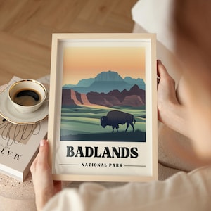 Poster di viaggio Badlands, stampa vintage di viaggio del Dakota del Sud, stampa artistica del Dakota del Sud, regalo per il campeggio, arte murale Badlands, download digitale di Bisonte, arte