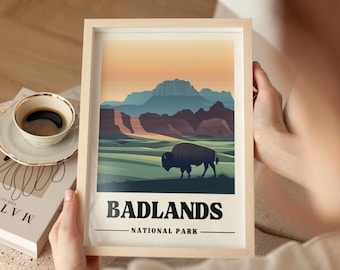 Badlands Travel Poster South Dakota Vintage Travel Print South Dakota Art Print Camping Gift Badlands Wall Art Bison Digital Download Art