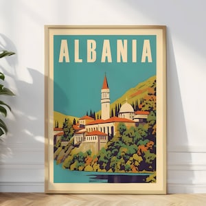 Affiche de voyage en Albanie, impression d'art en Albanie, affiche pittoresque en Albanie, oeuvre d'art murale d'Europe de l'Est pour les amateurs de voyage, oeuvre d'art murale de voyage rétro