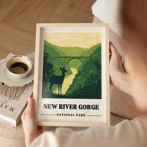 New River Gorge Travel Poster West Virginia Vintage Travel Print New River Gorge Art Print West Virginia Hiking Gift Deer Scenic Wall Art
