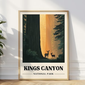 Kings Canyon Travel Poster California Travel Print, Kings Canyon Art Print California Camping Gift, Grant&#39;s Grove Digital Print Deer Poster