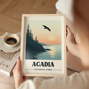 Acadia Travel Poster Maine Vintage Travel Print Acadia Art Print Coastal Hiker Gift Eagle Digital Art Bass Harbor Lighthouse Wall Decor