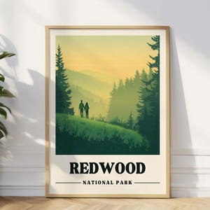 Redwood Travel Poster California Vintage Travel Print Redwood Art Print California Hiker Gift Tall Trees Grove Wall Art Redwood Forest Print