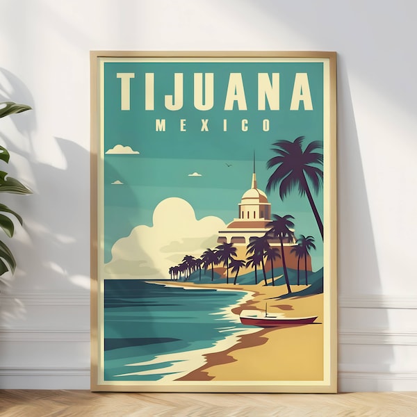 Affiche de voyage vintage Tijuana, impression numérique Tijuana paysage urbain, affiche de voyage Tijuana mexicaine, art mural imprimable Tijuana, Mexique imprimable