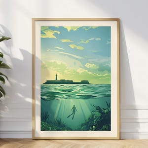 Póster de Dry Tortugas, impresión de viaje de Florida, arte de pared de buceo, regalo del Parque Nacional Retro de Fort Jefferson, arte imprimible del atardecer en el océano, buceo