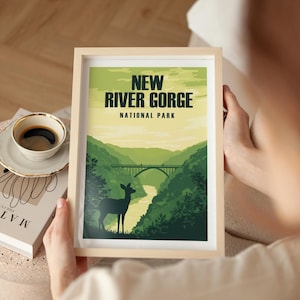New River Gorge Poster West Virginia Travel Print New River Gorge Bridge Art National Park Gift for Hikers Retro Wall Art Deer Print