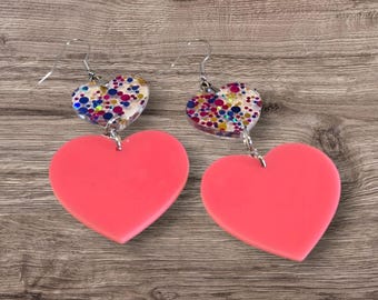 Rainbow Confetti Glitter & Pink heart Dangle Earrings