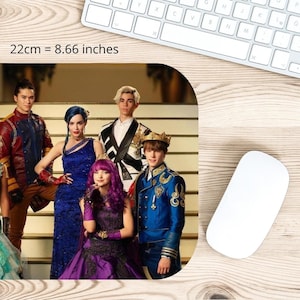 May include: A group of six people, including four women and two men, are standing on a staircase. They are all wearing formal attire. The women are wearing long dresses in shades of blue, green, and purple. The men are wearing suits in shades of blue and black. The image is a printed design on a mouse pad.