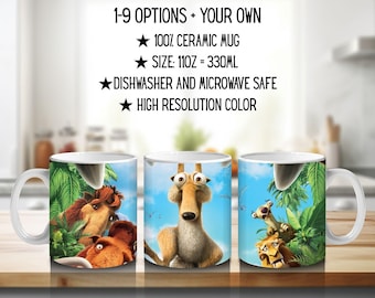 Ice Age, Disney Pack, Manfred &quot;Manny&quot;, Sidney &quot;Sid&quot;, Diego, Ellie, Crash and Eddie, Peaches | 100% CERAMIC MUG, 11Oz = 330ml