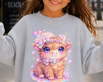 May include: A light gray crewneck sweatshirt featuring a graphic print of a fluffy brown highland cow with large purple eyes, wearing a floral crown and a bow, surrounded by colorful bubbles, stars, and a heart, with the text SPORT GREY at the bottom.
