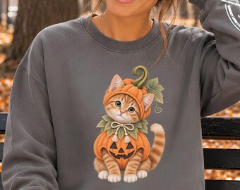 May include: A charcoal gray long-sleeve crewneck sweatshirt featuring a graphic of a ginger tabby cat wearing a pumpkin costume with a carved jack-o'-lantern face on the belly and a green stem hat. The sweatshirt has a ribbed collar and cuffs.