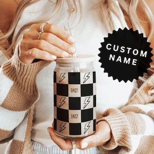 Personalized Iced Coffee Cup Custom Glass Name Cup Checkered Gift Glass Name Tumbler Trendy Iced Coffee Mug Glass Tumbler Lid and Straw