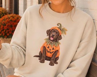 May include: A sand-colored crewneck sweatshirt featuring a graphic of a brown puppy wearing a pumpkin costume. The puppy has a green stem hat and a pumpkin-shaped body suit with a jack-o'-lantern face. The sweatshirt has long sleeves and a ribbed collar.
