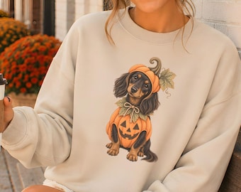 May include: A beige crewneck sweatshirt featuring a graphic of a black and tan dachshund wearing a pumpkin costume with a matching pumpkin hat. The dog is illustrated with a green stem and leaf accent on the hat and a bow tie at the neck.