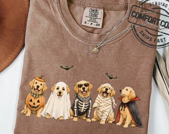Golden Retrievers in Costumes Halloween Comfort Colors Shirt, Halloween Party Tshirt, dog Tee Golden Retriever Tshirt