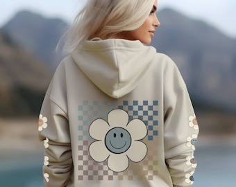 Smile Daisy Happy Face Hoodie Oversized VSCO Hoodie Fun Gift Idea Sweatshirt for Her Checker Hoodie Smile Aesthetic Preppy