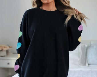 Cute Sweatshirt Heart on Sleeves Coquette Sweatshirt Gift for Girlfriend Cute Crewneck Gift for Mom Love Oversized Sweatshirt Pastel Hearts