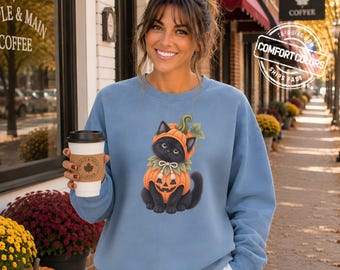 May include: A blue crewneck sweatshirt featuring a graphic of a black cat wearing a pumpkin costume with a green stem hat and a white drawstring bow. The cat is sitting and looking forward. The sweatshirt has long sleeves and a ribbed neckline.