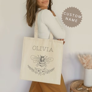 Custom Bee Gift Personalized Name Tote Personalized Name Tote  Canvas Tote Bag For Her Womens Tote Custom Name Gift for Mom Tote Bag for Her