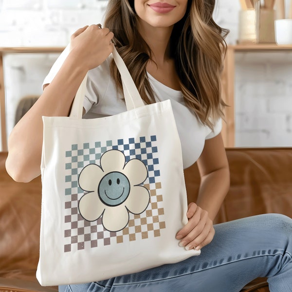 Happy Daisy Tote Checkered Retro Gift for Teen Girl Cotton Canvas Tote Bag Daisy Flower Preppy Aesthetic Cute Grocery Bag Cute Friend Gift