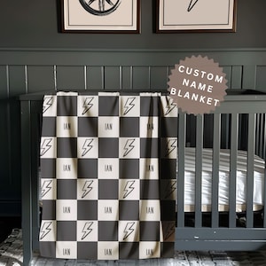 Custom Baby Shower Gift for Newborn Boy Cool Gift for Baby Boy Toddler Gift Checkered Custom Grey Black Baby Blanket Baby Boys Room.