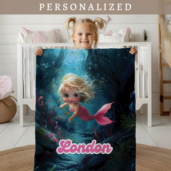 Personalized Custom Mermaid Name Blanket 3 Year Old Girl Birthday Gift Mermaid Theme Birthday Decor for Toddler Girl Name Bedding Toddler
