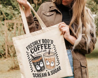 Halloween Coffee Tote Bag Ghost Halloween Tote Cute Ghost Bag Freshly Boo'd Coffee Tote Funny Halloween Bag Coffee Canvas Tote