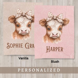 Highland Cow Personalized Newborn Cute Bedding Baby Custom Name Blanket Newborn Pink blanket Tan blanket