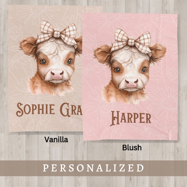 Highland Cow Personalized Newborn Cute Bedding Baby Custom Name Blanket Newborn Pink blanket Tan blanket