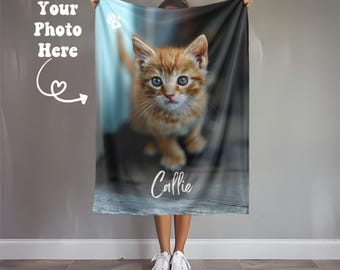 Custom Cat Photo Blanket Pet Gift for New Cat Owner Personalized Cat Blanket New Kitty Gift Dog Memorial Gift Custom Name Blanket for Cat