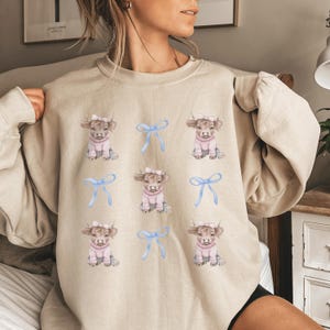 Coquette Aesthetic Farm Shirt Gift for Cow Lover Blue Bows Cute Cow Sweatshirt Farming Sweatshirt Highland Cow Gift Tan Sand Sweatshirt