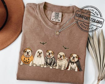 Camiseta de Halloween con estampado de bulldogs disfrazados, colores cómodos, camiseta para fiesta de Halloween, camiseta con estampado de bulldog.