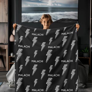 Custom Baby Shower Gift for Toddler Boy Birthday Gift Black lighting Bolt checked blanket Personalized Boy Blanket 2 year old Boy Gift