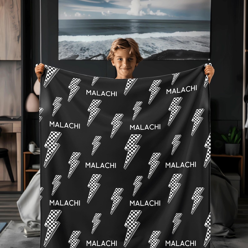 Custom Baby Shower Gift for Toddler Boy Birthday Gift Black lighting Bolt checked blanket Personalized Boy Blanket 2 year old Boy Gift