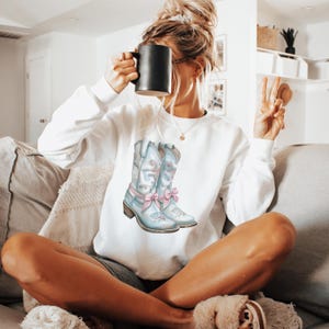 Boots Bow Aesthetic Crewneck Pink Bows Western Sweatshirt Concert Merch Cute Gift For Friend Trendy Sweatshirt White Sweatshirt