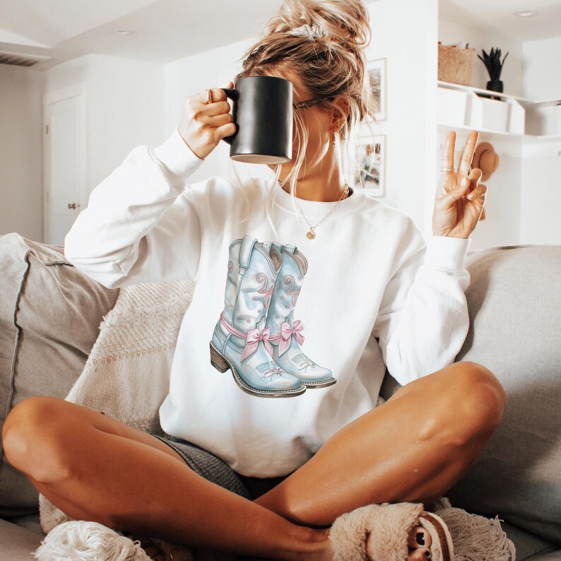 Boots Bow Aesthetic Crewneck Pink Bows Western Sweatshirt Concert Merch Cute Gift For Friend Trendy Sweatshirt White Sweatshirt