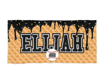 Custom Baseball Beach Towel Melting Ice Cream Sprinkles Boy Name Gift Name Towel Coach Gift Drip Gift Personalized Boys Baseball Team Gift
