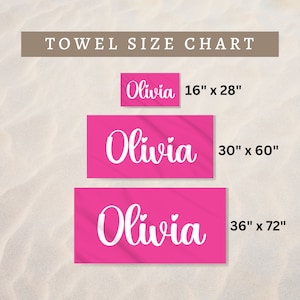 May include: Towel size chart with three pink towels with the name Olivia in white lettering. The towels are 16" x 28", 30" x 60", and 36" x 72".