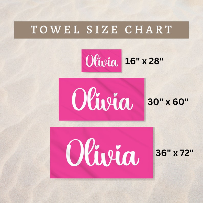 May include: Towel size chart with three pink towels with the name Olivia in white lettering. The towels are 16" x 28", 30" x 60", and 36" x 72".