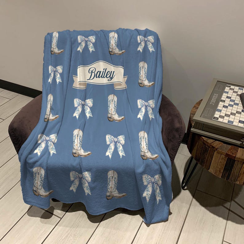 Coquette Blanket Personalized Bow Blanket Coastal Cowgirl Toile de Jouy Print Chinoiserie Bow