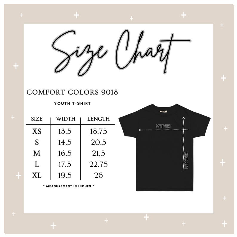 Puede incluir: Una tabla de tallas para una camiseta juvenil Comfort Colors 9018. La tabla incluye medidas en pulgadas para el ancho y el largo, que van desde la XS hasta la XL. Un gr&aacute;fico de camiseta negra ilustra c&oacute;mo medir el ancho y el largo.