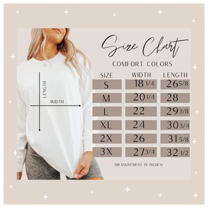 May include: Size chart for a long-sleeved sweatshirt with measurements in inches. The chart shows the width and length of the sweatshirt in sizes S, M, L, XL, 2X, and 3X.