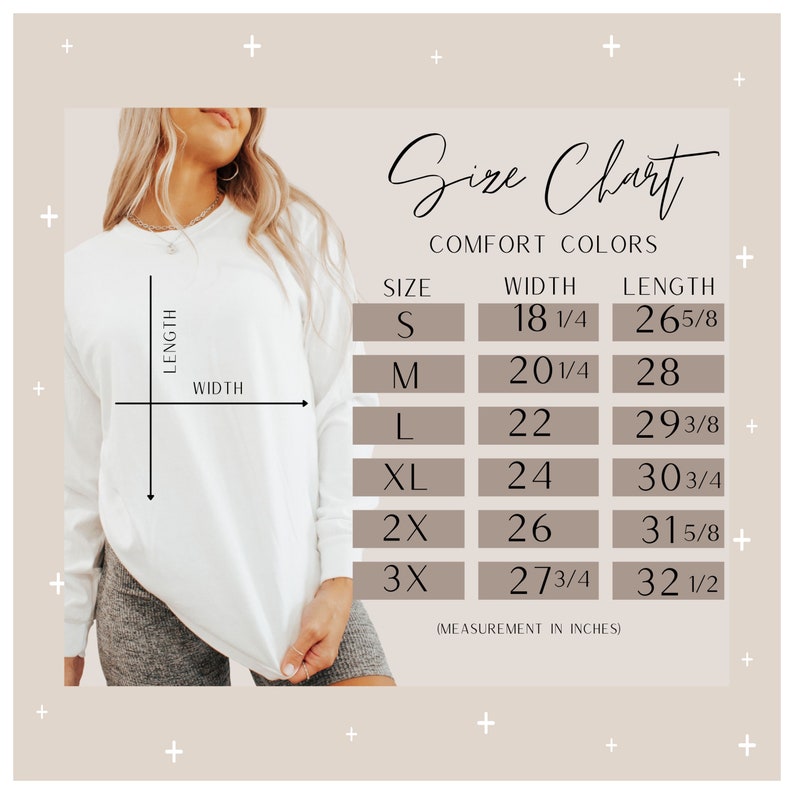 May include: Size chart for a long-sleeved sweatshirt with measurements in inches. The chart shows the width and length of the sweatshirt in sizes S, M, L, XL, 2X, and 3X.