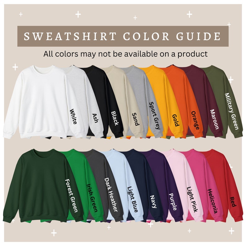 Op de afbeelding: Een kleurenkaart voor sweatshirts, met 18 verschillende kleuren. De kleuren zijn: Wit, As, Zwart, Zand, Sportgrijs, Goud, Oranje, Bordeaux, Militairgroen, Bosgroen, Iersgroen, Donkergrijs, Lichtblauw, Marineblauw, Paars, Lichtroze, Heliconia en Rood.