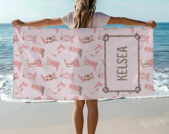 Custom Towel Gift for Her Personalized Kids Custom Name Towel  Gift for Teen Girl Trip Gift Custom Beach Towel for Her Cowgirl Boots Towel