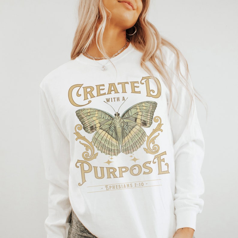 Christian Shirt Boho Comfort Colors Tee Faith Aesthetic Oversized Summer Tee Created with a Purpose Jesus Shirt White long sleeve Tshirt
