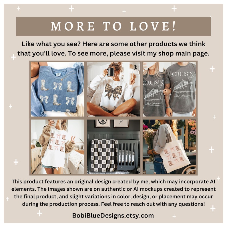 K&ouml;nnte beinhalten: Eine Collage aus verschiedenen Produkten mit unterschiedlichen Designs. Die Produkte umfassen ein hellblaues T-Shirt mit einem Stiefeldesign, ein wei&szlig;es Sweatshirt mit einem braunen Schleifendesign, ein graues T-Shirt mit dem Text "CRUISIN' The Brown's", ein wei&szlig;es T-Shirt mit einem Stiefeldesign, eine schwarz-wei&szlig; karierte Decke und eine wei&szlig;e Tragetasche mit einem Stiefeldesign.