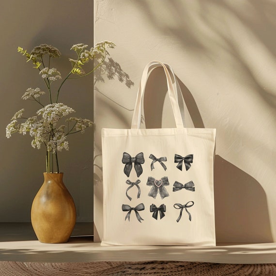 Black Bow Tote Bag Coquette Tote Bag Cute Gift for Friend Birthday Dark Coquette Aesthetic Gift Trendy Tote Gift Bow Cute Reusable Bag