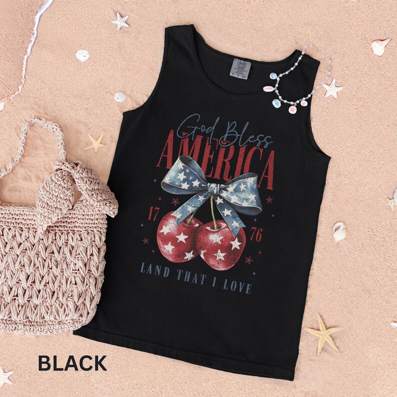 Fourth of July Tank American Flag Tank Top Gift Cute 4th of July Tank Top in Black.